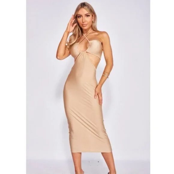 Nude Sleeveless Halter Neck Cutout Open Back Bodycon Midi Dress - Picture 5 of 15